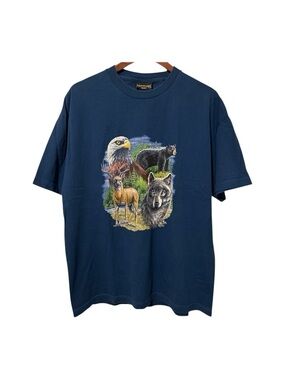 Vintage Marshlands Canada Wildlife Navy Blue T-Shirt Eagle Deer Wolf Bear Nature